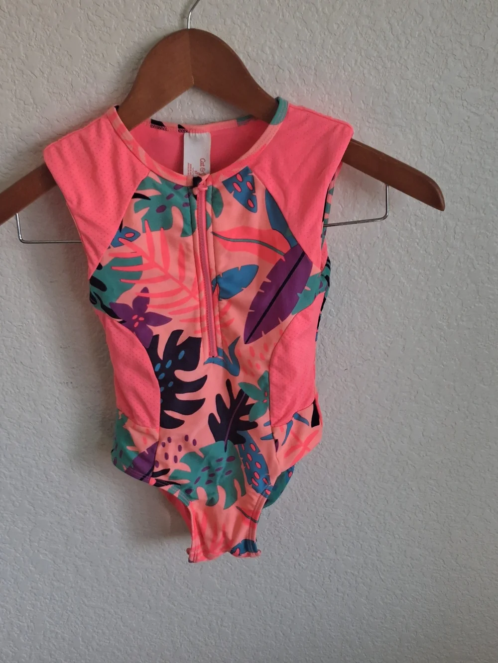 Kids Neon Coral Tropical Zip-Front One-Piece Swimsuit